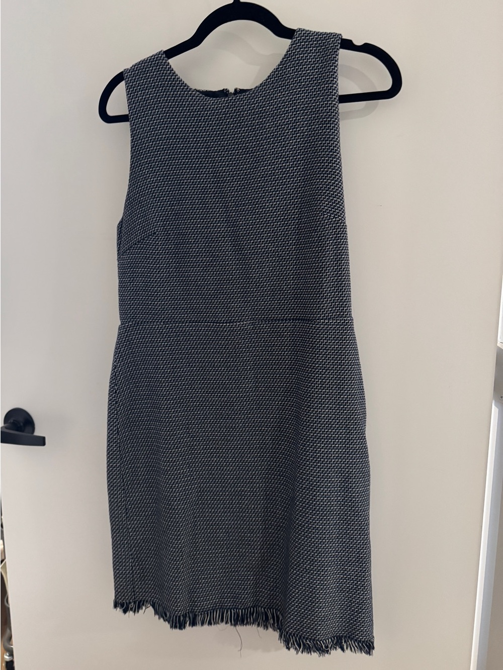 LOFT Navy and White Tweed Textured Fringe Hem Dress